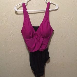 Color block black and fuschia swimsuit